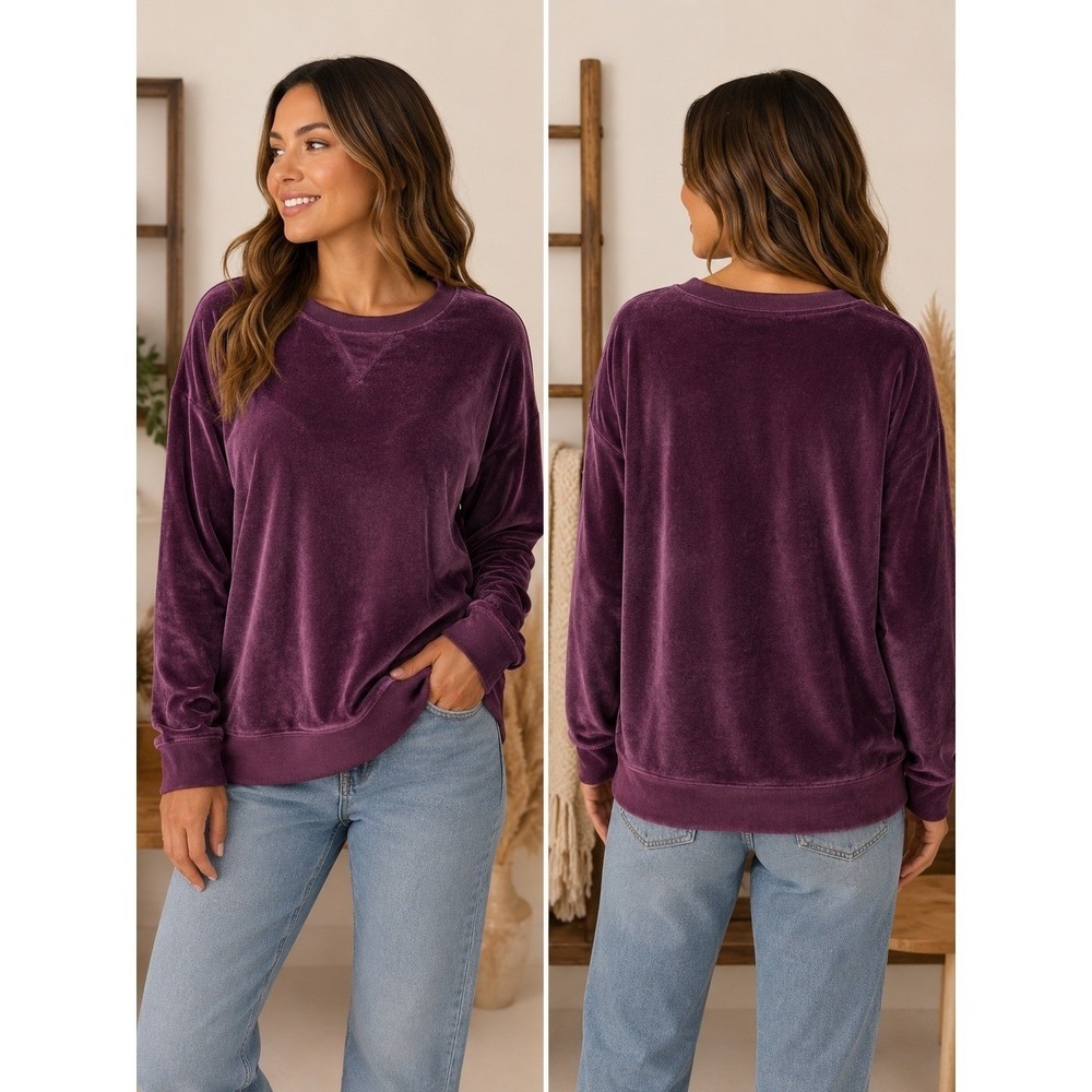 Honeydew Intimates Velvet Velour Sweatshirt Wmns L Plum Purple LS Crewneck - Picture 3 of 9